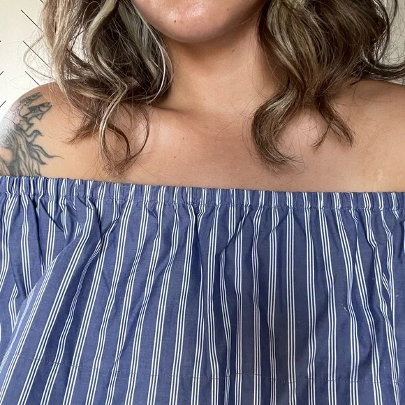 Aritzia Wilfred Blue Striped Crop Off the shoulder top size Small - Picture 3 of 5